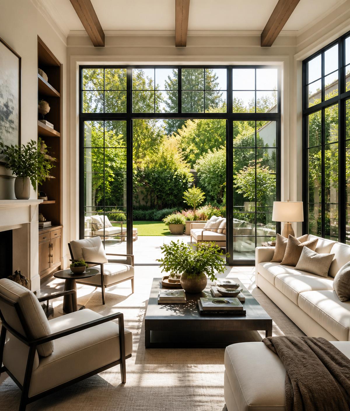Bright living room with large black framed windows overlooking a lush garden