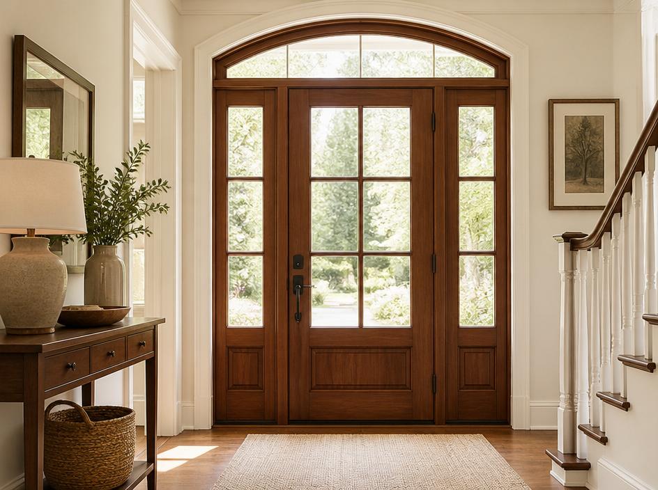Elegant wooden front door with glass panes in a bright entryway